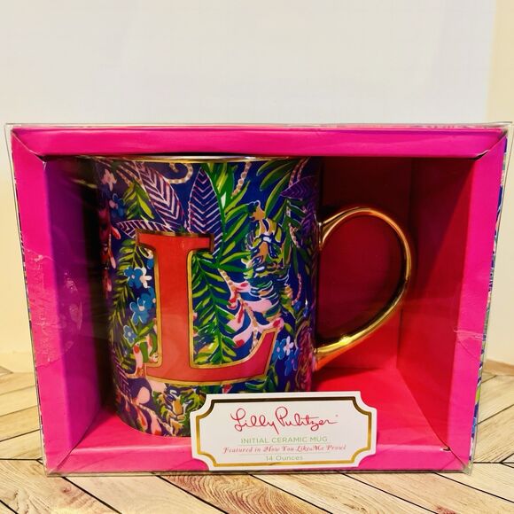 Lilly Pulitzer Initial "L" Ceramic Coffee Mug 14oz Gold Handle New In Box #2229L - Picture 1 of 10